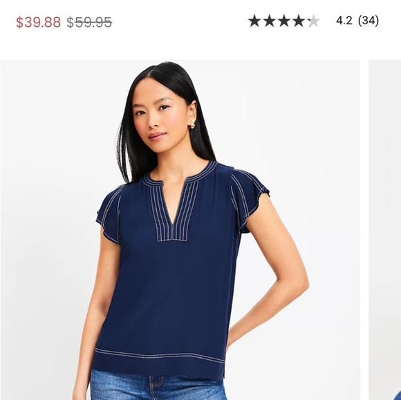 Loft Stitched Flutter Sleeve Split Neck Top - Picture 4 of 5